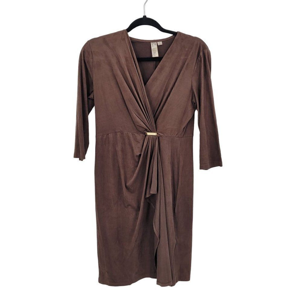 Vintage Faux Suede‎ Mock Wrap 3/4 Sleeve Dress S Brown Stretch Native Peasant